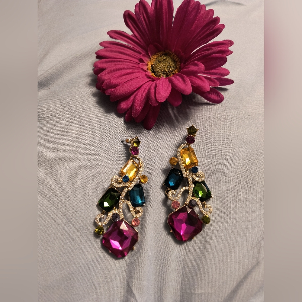 Fuchsia Floral Drop Earrings with Gold Accents and Crystal Details
